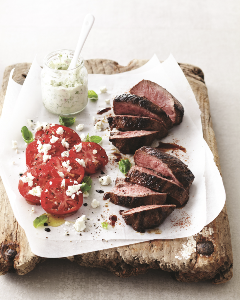 New Zealand Grass-fed Char-Grilled Lamb Rump with Tomato & Feta Salad Recipe