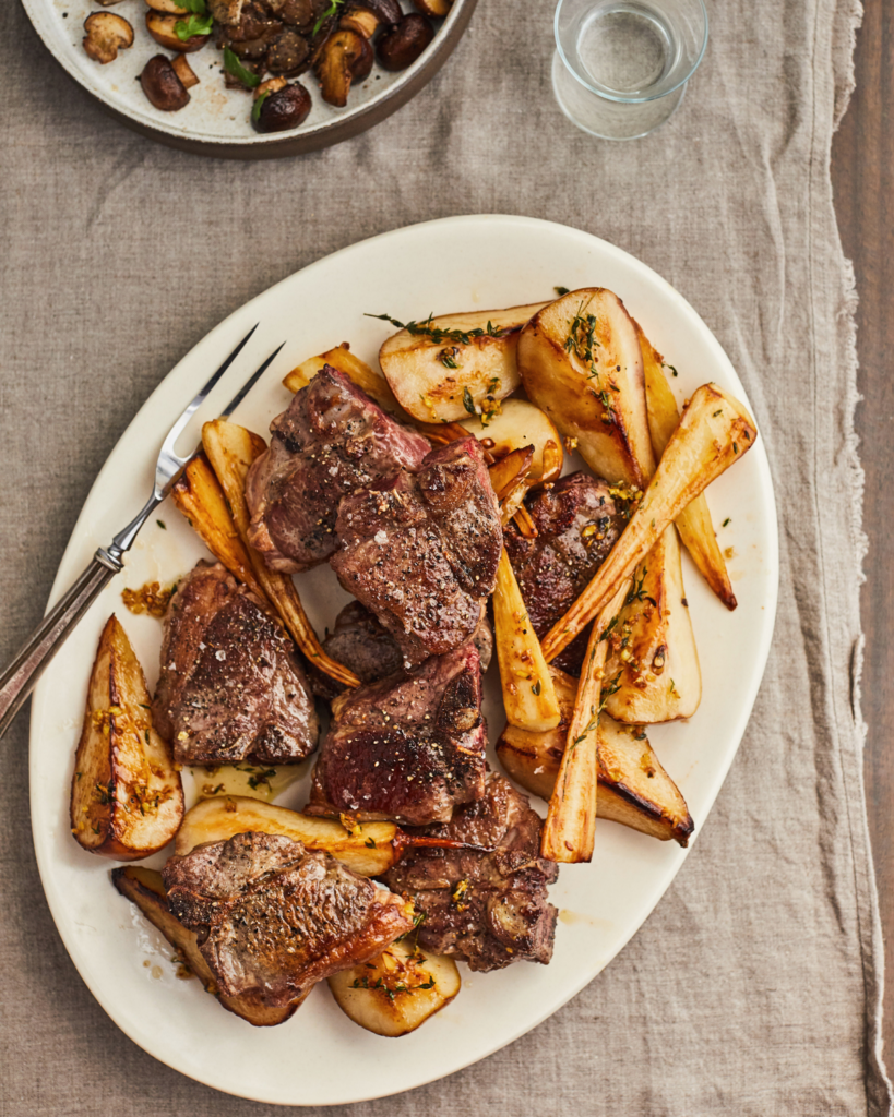 Honeyed New Zealand Grass-Fed Lamb Loin Chops with Pears and Parsnips Recipe