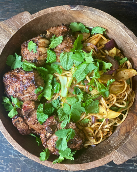 Spiced New Zealand Grass-fed Lamb Loin Chops with Noodles Recipe