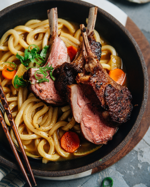 Curry Udon Soup with Grass-fed Lamb Rib Chops Recipe using New Zealand Grass-fed Lamb