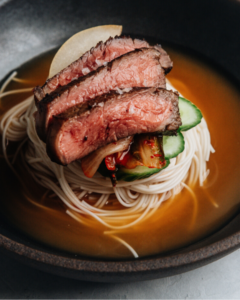 Korean Cold Noodles with Grass-fed Strip Steak using New Zealand Grass-fed Beef