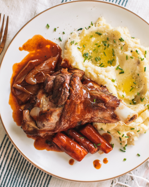 Red Wine Braised Lamb Shanks Recipe with Browned Butter Garlic Mashed Potatoes using New Zealand Grass-fed Lamb