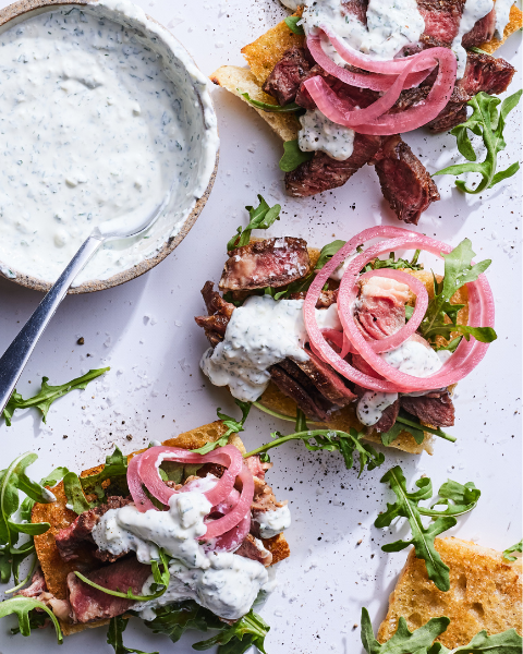 Open Face Steak Sandwiches with Chimi Labneh Recipe from What’s Gaby Cooking using New Zealand grass-fed beef