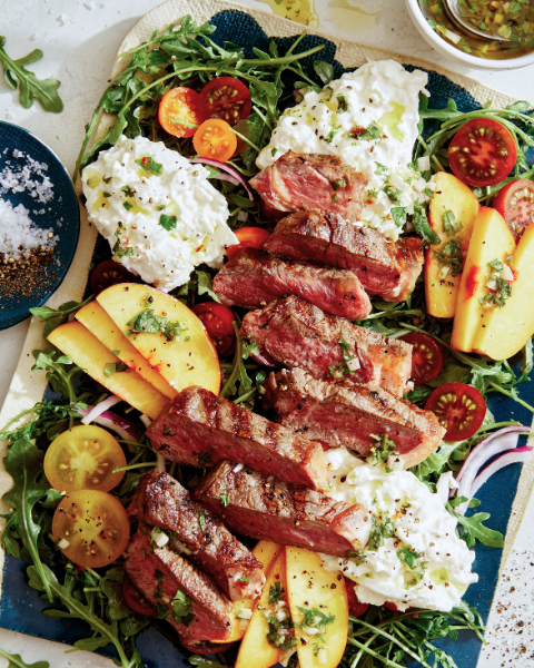 Grilled New Zealand Grass-fed Steak Salad with Peaches and Burrata Recipe from Spoon Fork Bacon